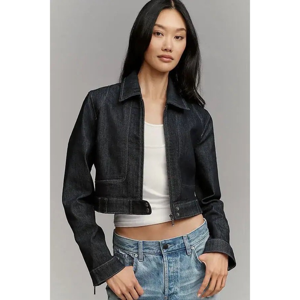 Anthropologie Pilcro Rumi Shrunken Stretch Moto Jean Jacket Dark Wash XS NEW